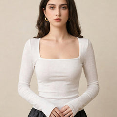 White ribbed square neck top model view 4