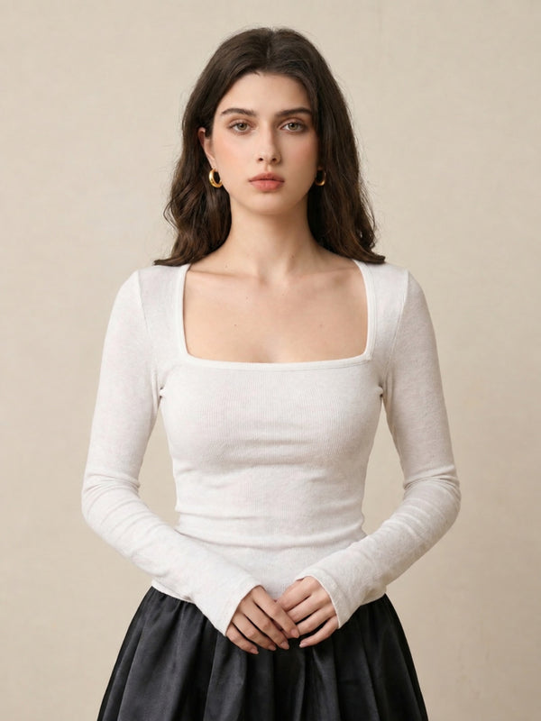 White ribbed square neck top model view 4