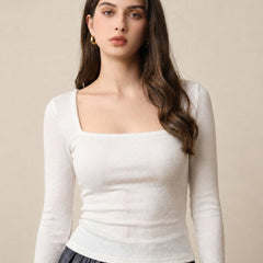 White ribbed square neck top model view 5