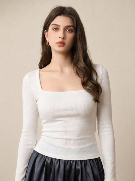 White ribbed square neck top model view 5
