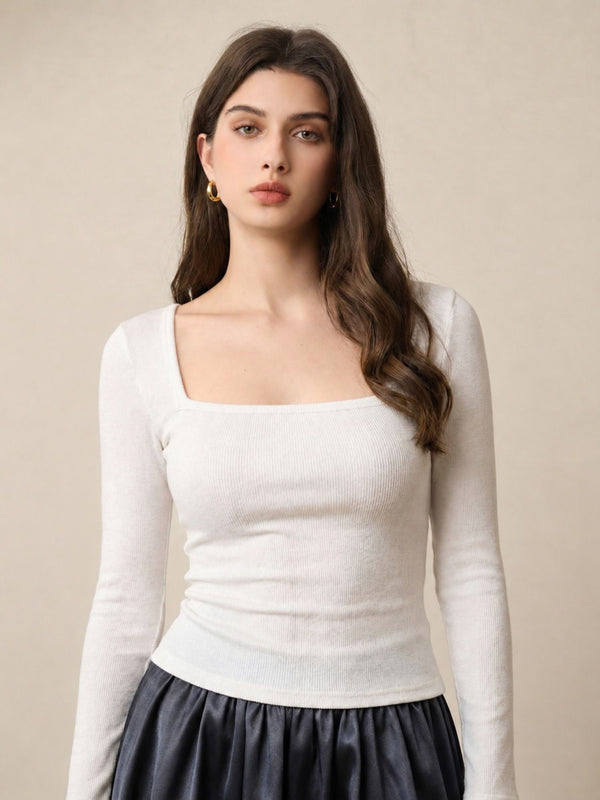 White ribbed square neck top model view 5