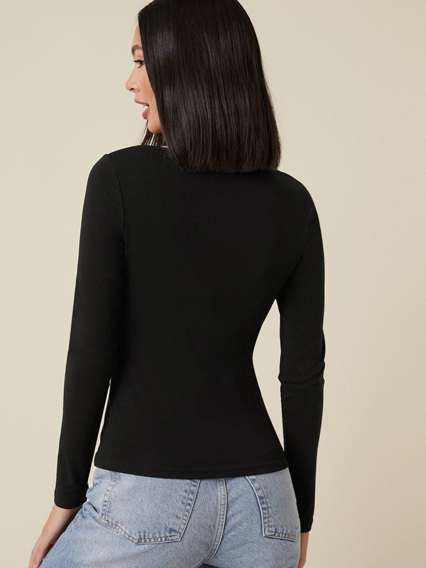 Black square neck rib knit top back view