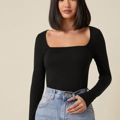 Black square neck rib knit top front view