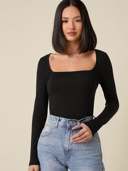 Black square neck rib knit top front view