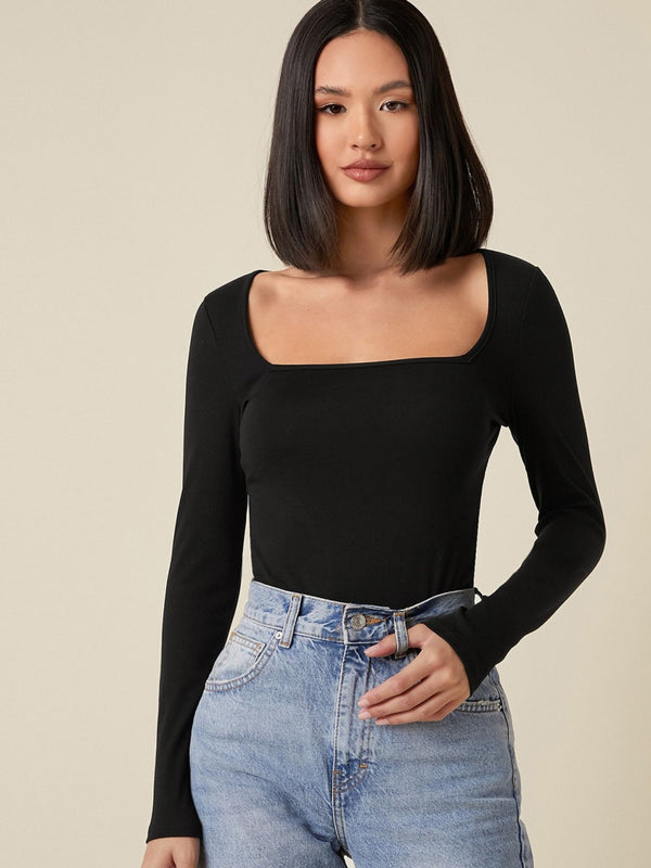 Black square neck rib knit top front view