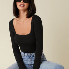 Black square neck rib knit top model view 3