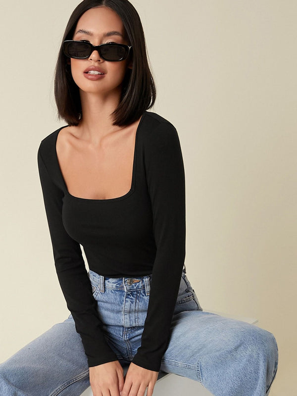 Black square neck rib knit top model view 3