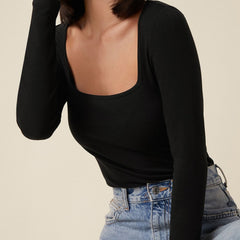 Black square neck rib knit top model view 4