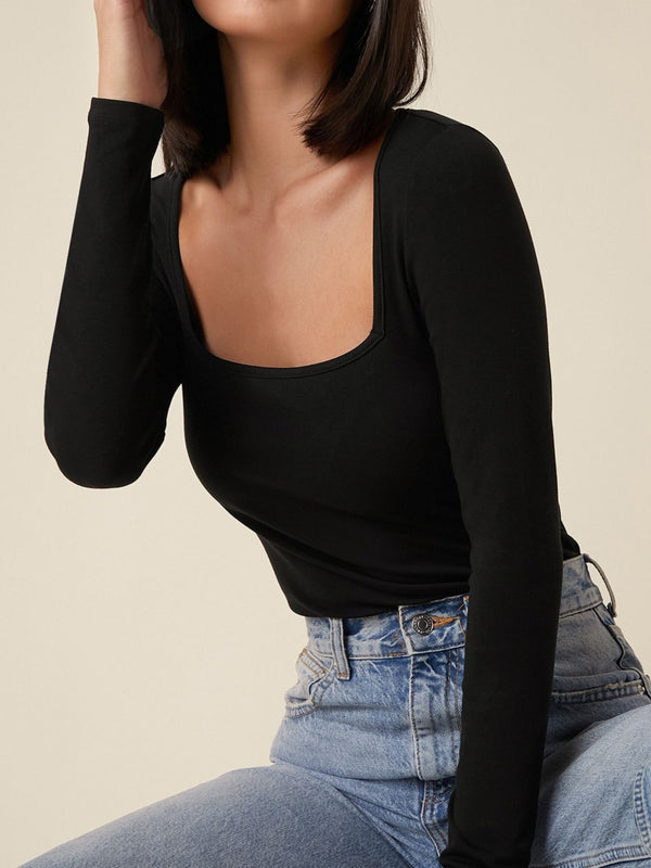 Black square neck rib knit top model view 4