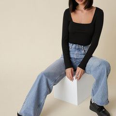 Black square neck rib knit top model view 5