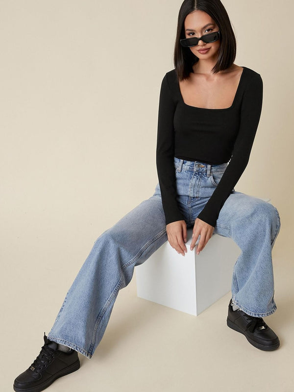 Black square neck rib knit top model view 5