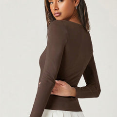 Brown square neck rib knit top back view
