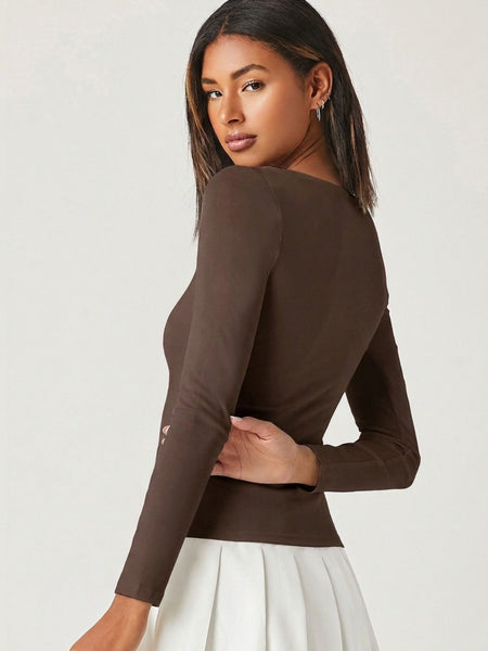 Brown square neck rib knit top back view