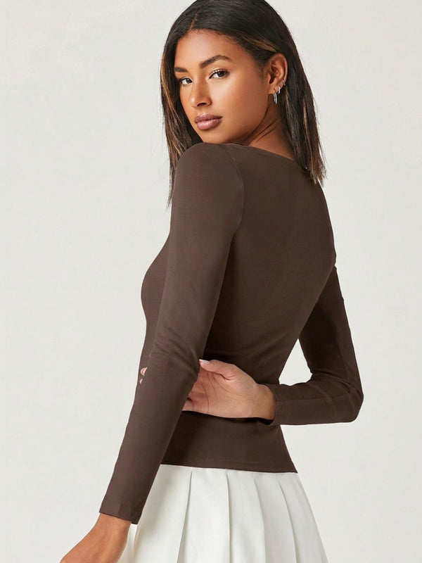 Brown square neck rib knit top back view