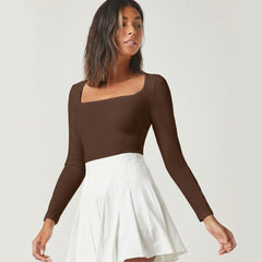 Brown square neck rib knit top front view
