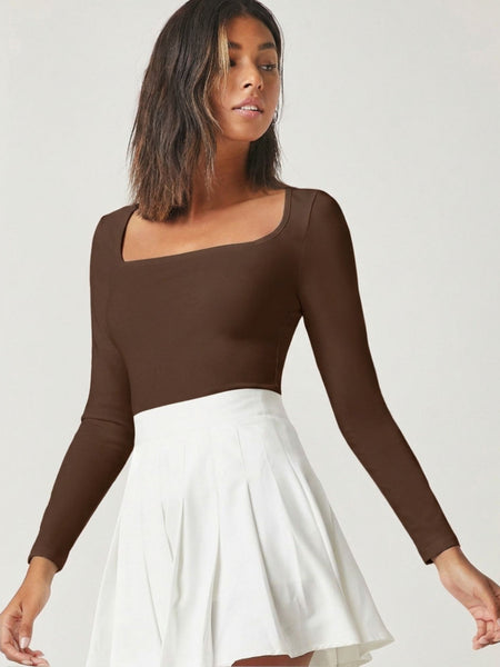 Brown square neck rib knit top front view
