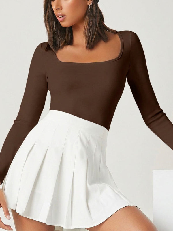 Brown square neck rib knit top model view 3
