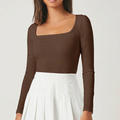 Brown square neck rib knit top model view 4