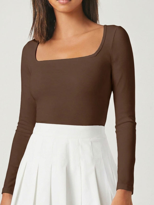 Brown square neck rib knit top model view 4
