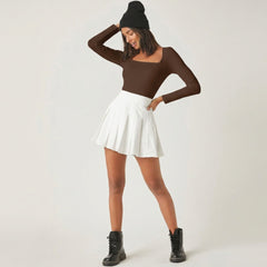 Brown square neck rib knit top model view 5