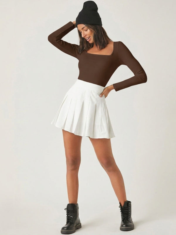 Brown square neck rib knit top model view 5