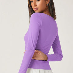 Lavender square neck rib knit top back view