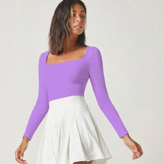 Lavender square neck rib knit top front view