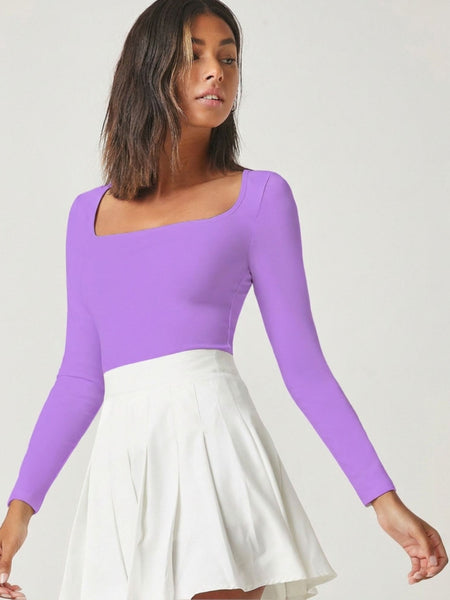 Lavender square neck rib knit top front view