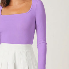 Lavender square neck rib knit top model view 3