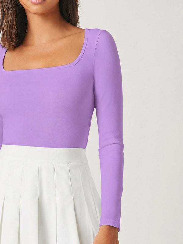 Lavender square neck rib knit top model view 3