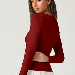 Maroon square neck rib knit top back view