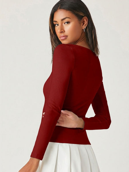 Maroon square neck rib knit top back view