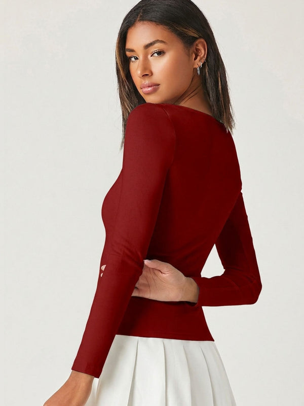 Maroon square neck rib knit top back view