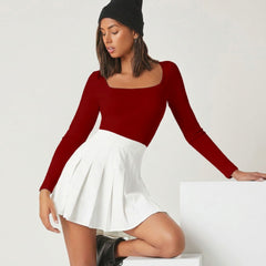 Maroon square neck rib knit top front view