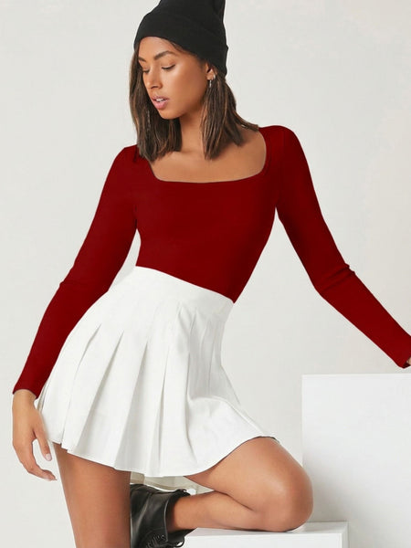 Maroon square neck rib knit top front view