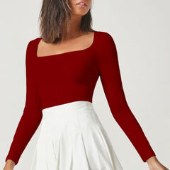Maroon square neck rib knit top model view 3