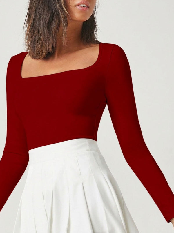 Maroon square neck rib knit top model view 3