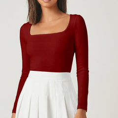 Maroon square neck rib knit top model view 4