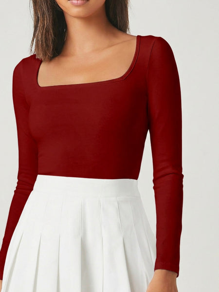 Maroon square neck rib knit top model view 4