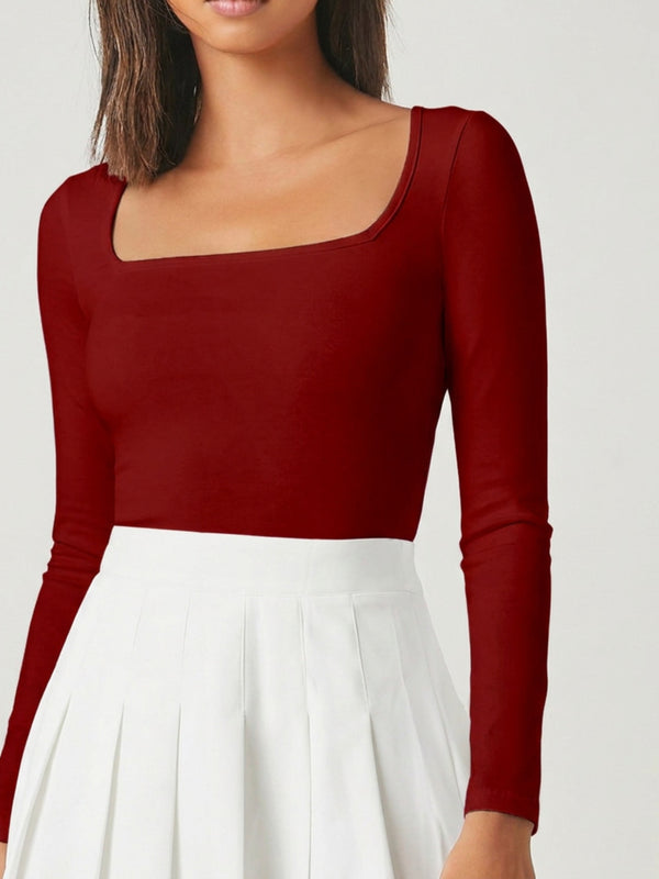 Maroon square neck rib knit top model view 4