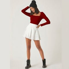 Maroon square neck rib knit top model view 5