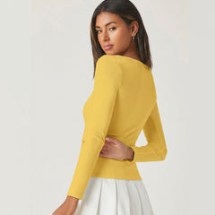 Mustard square neck rib knit top back view