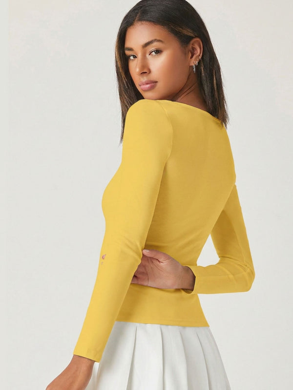 Mustard square neck rib knit top back view