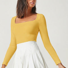 Mustard square neck rib knit top front view