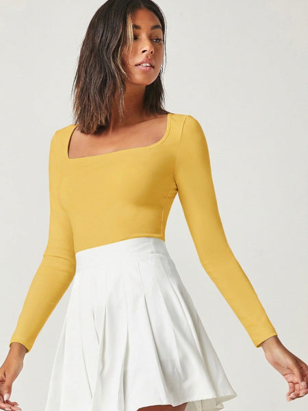 Mustard square neck rib knit top front view