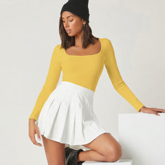 Mustard square neck rib knit top model view 3