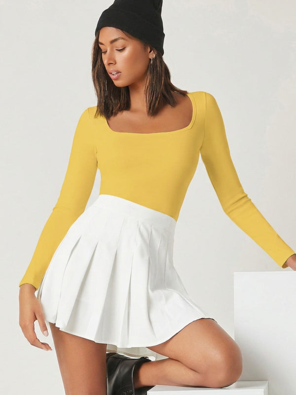 Mustard square neck rib knit top model view 3