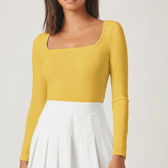Mustard square neck rib knit top model view 4