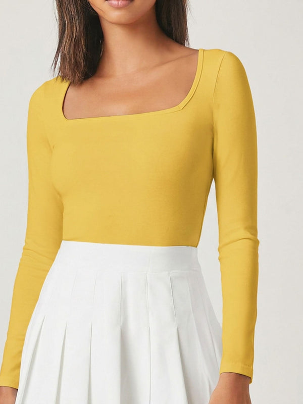 Mustard square neck rib knit top model view 4