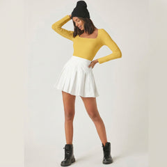 Mustard square neck rib knit top model view 5